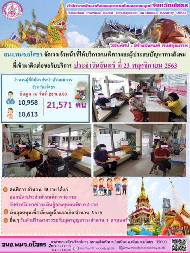 สนง.พมจ.ยโสธร จัดเวรเจ้าหน้าที่ให้บริการคนพิการและผู้ประสบปัญหาทางสังคมที่เข้ามาติดต่อขอรับบริการ
